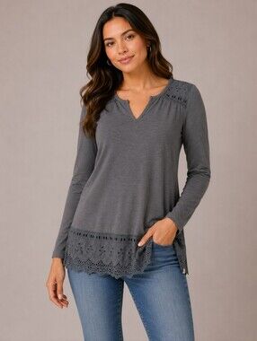 Element Eden Medium Boho Chic Top Gray Lace Hem Long Sleeve Women's Blouse